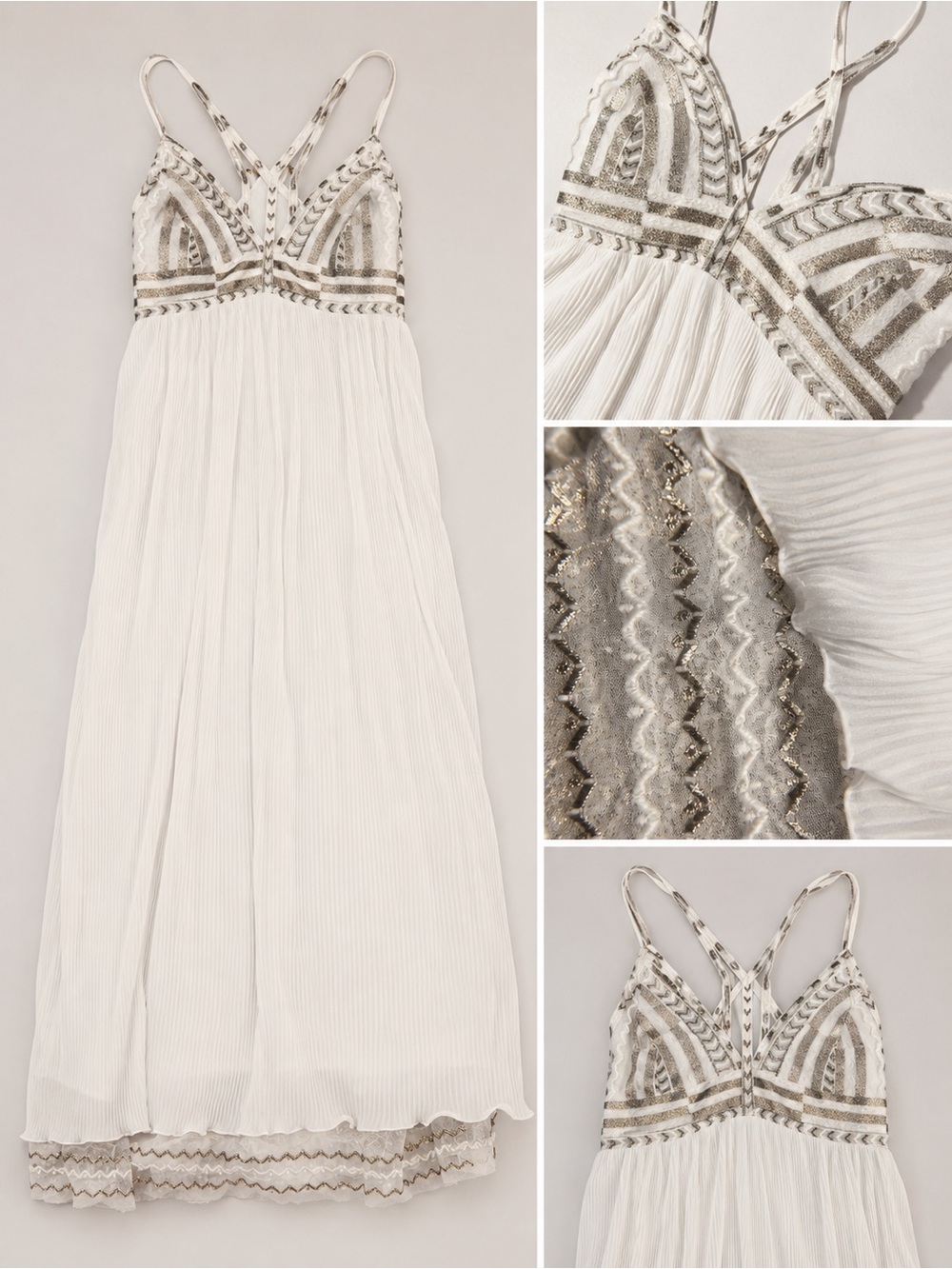Free People White & Silver Embroidered Pleated Maxi Dress